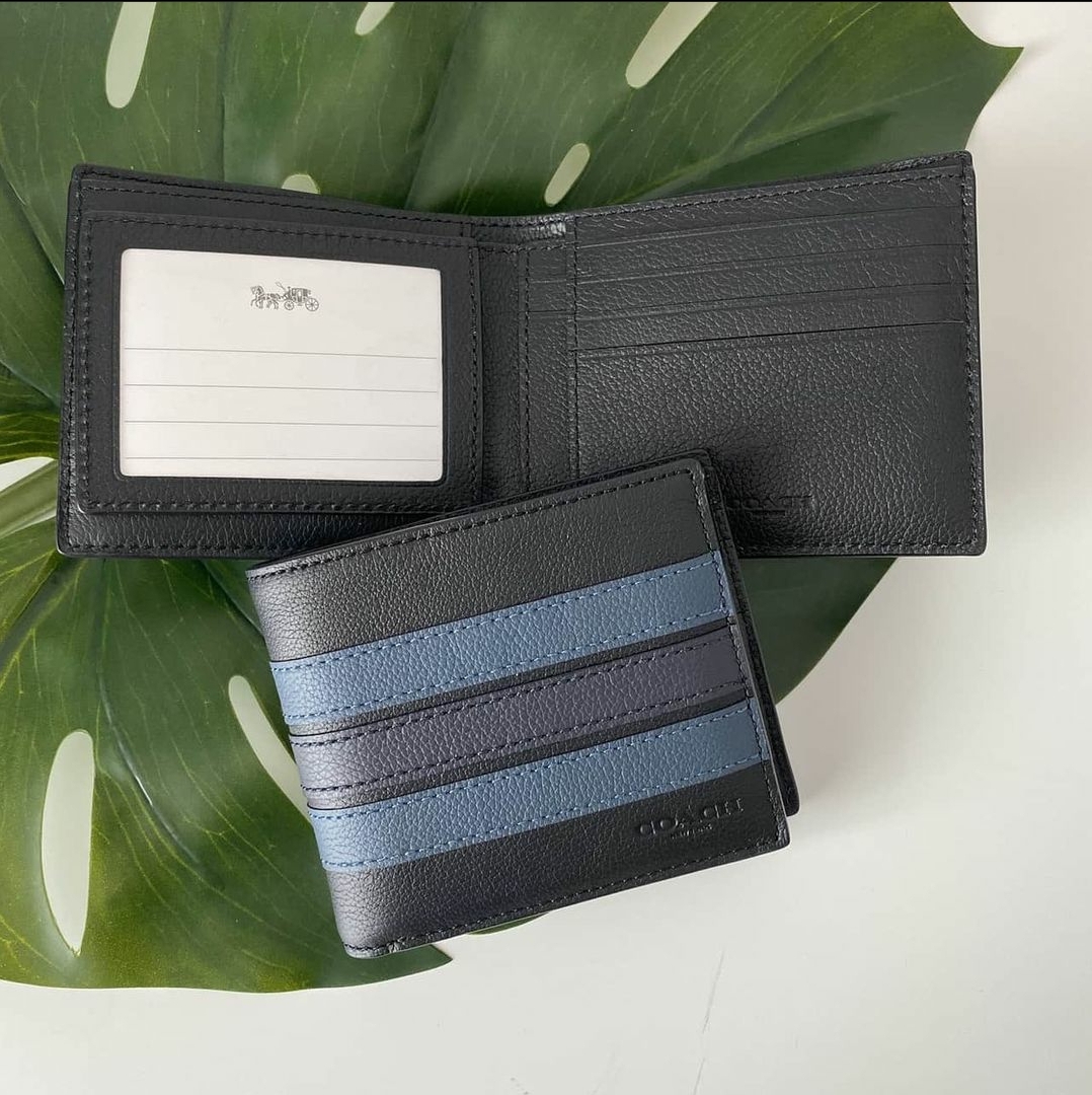 Coach Men's Slim Wallet - F24649 3-in-1 Bill-Fold in Smooth Calf Leather  with Varsity Stripes Black / Denim / Midnight Navy | Lazada PH