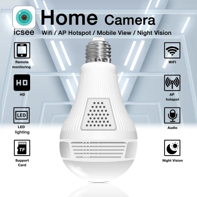 Icsee CCTV camera V9 CCTV bulb Wireless WIFI Network Security Two-Way Audio Home Monitor CCTV 360° Panoramic Light Bulb CCTV Camera CCTV bulb 360 camera with night vision cctv camera connect to cellphone wifi camera cctv
