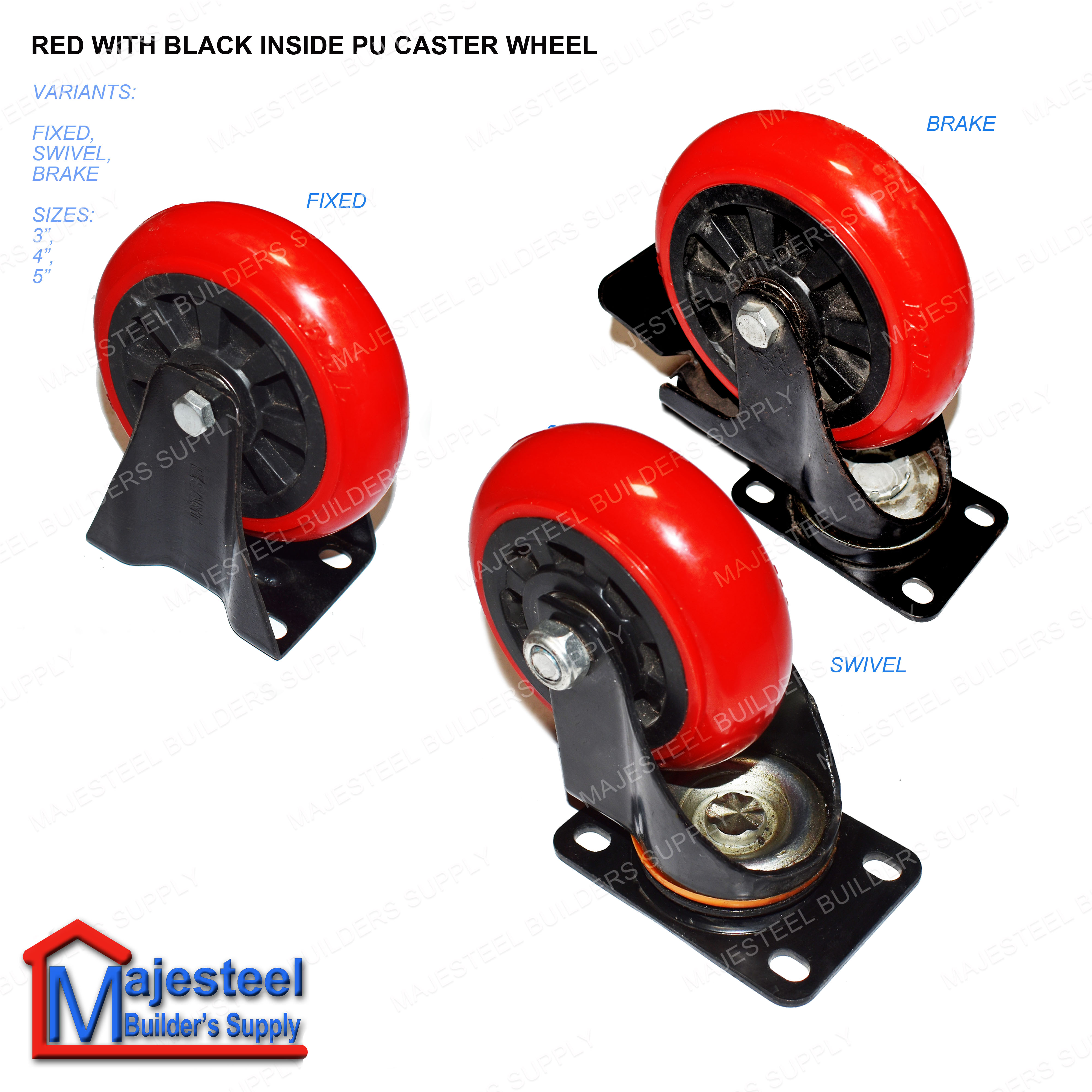 H.D Industrial PU Polyurethane Wheel Swivel/Fixed/Brake Red Caster