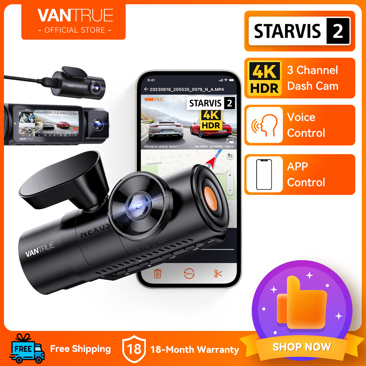 Vantrue N4 Pro 3 Channel 4K WiFi Dash Cam, STARVIS 2 IMX678 Night Vision, 4K+1080P+1080P  Front Inside and Rear Triple Dash Camera for Car, Voice Control, GPS, 4K  HDR, 24H Parking Mode
