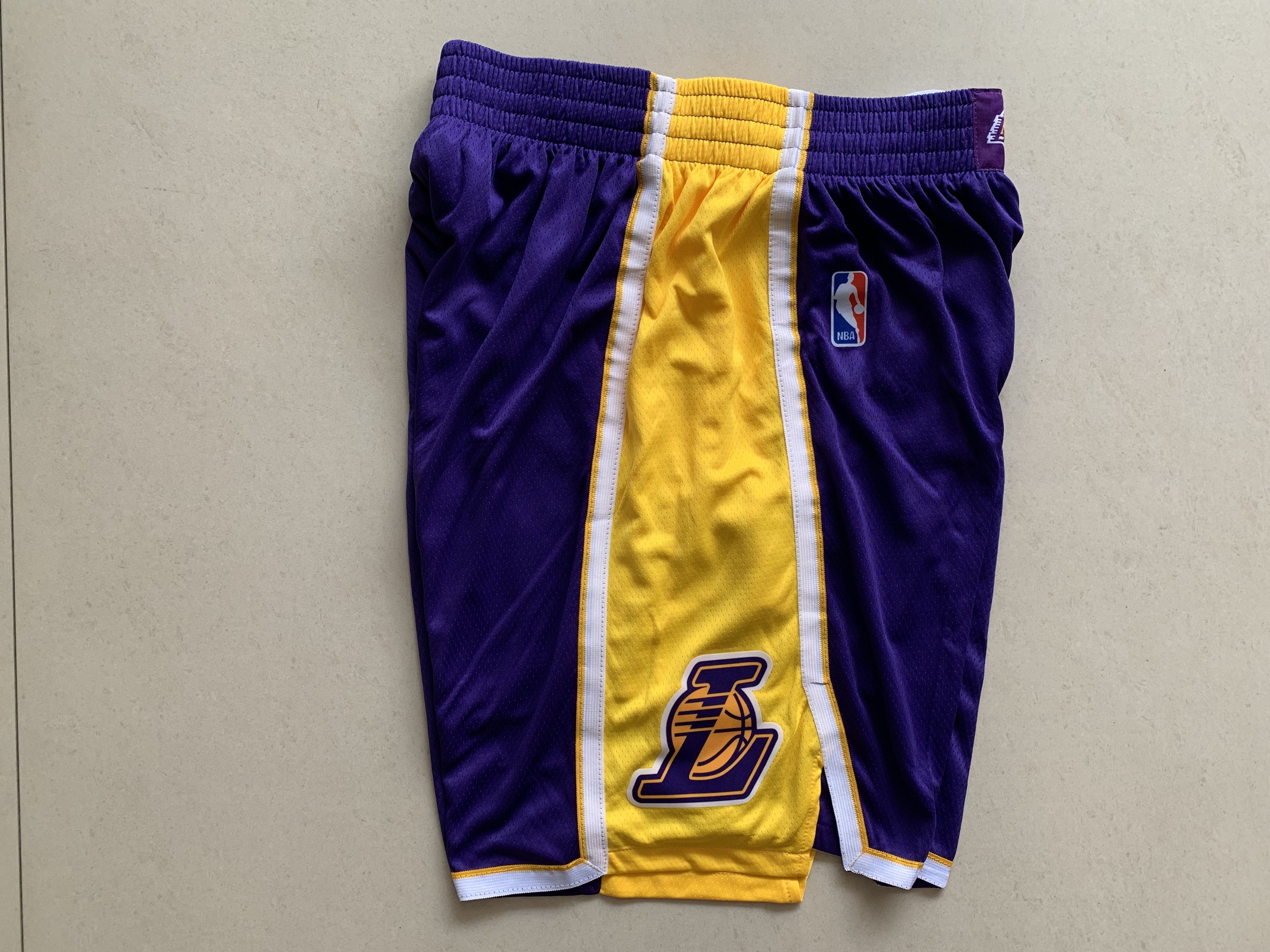 New Original Heat Pressed NBA Mens White Yellow White Blue Purple Black  Stripe Los Angeles Lakers City Edition Shorts Basketball Short