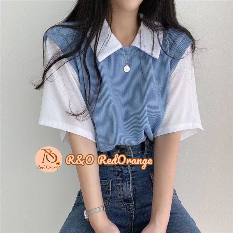 TWINKLE FASHION Long Sleeve Korean Style Vest polo shirt Collar Fake 2in1  Women's Loose Casual fashion top #6890