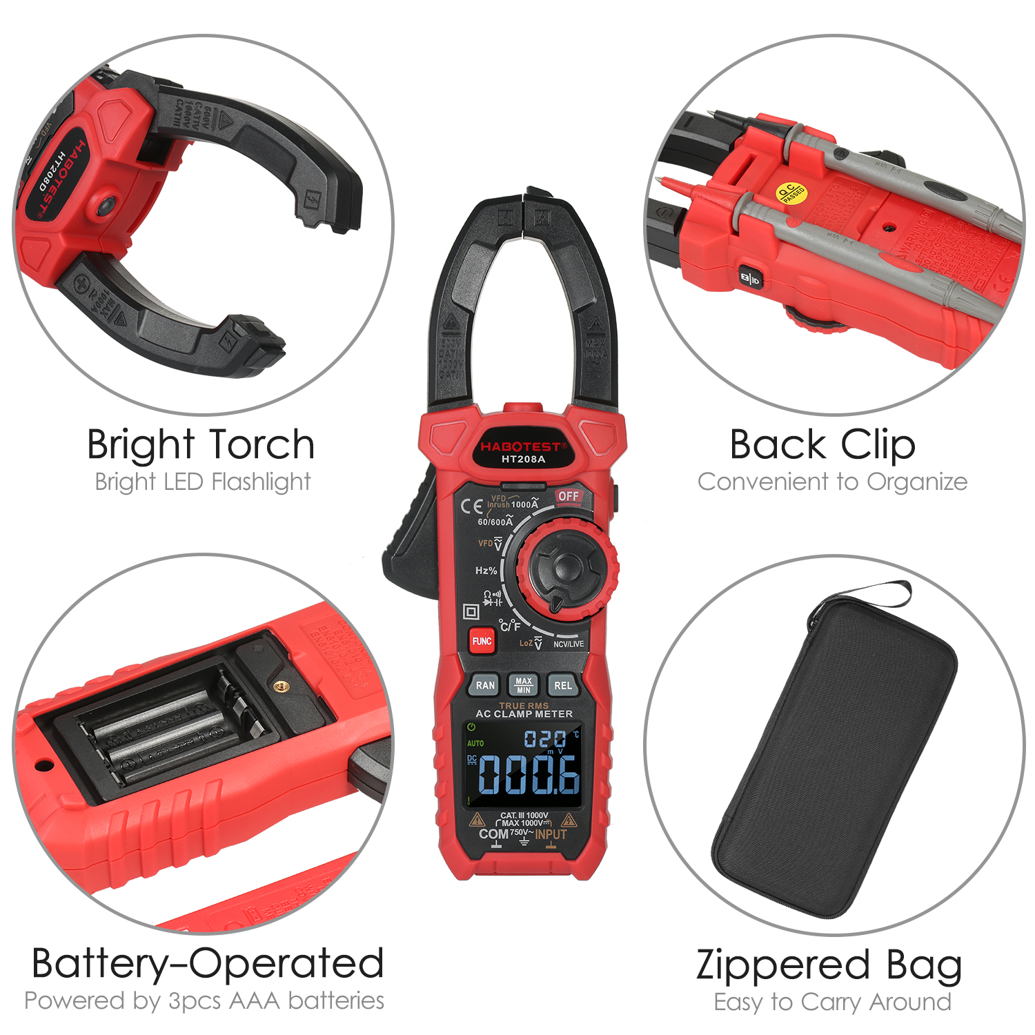 【Ready Stock】HABOTEST AC Digital Clamp Meter True-RMS Multimeter Anto-Ranging Multi Tester Current Clamp with Amp Volt Ohm Diode Capacitance Resistance Continuity NCV Temperature Duty Ratio VFD Tests