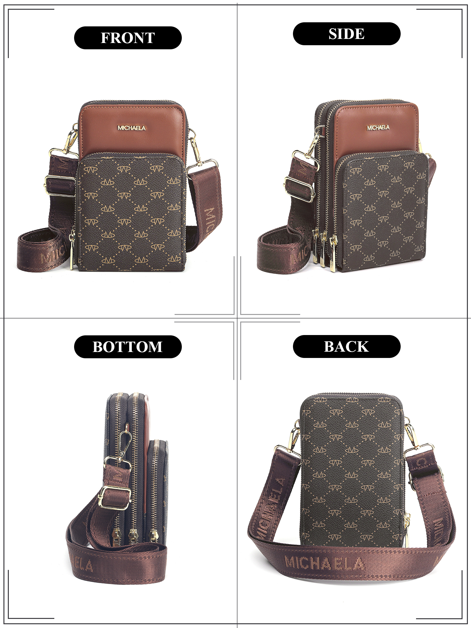 MICHAELA Zip Cellphone Sling Bag Multi-Pocket Wide Strap Crossbody