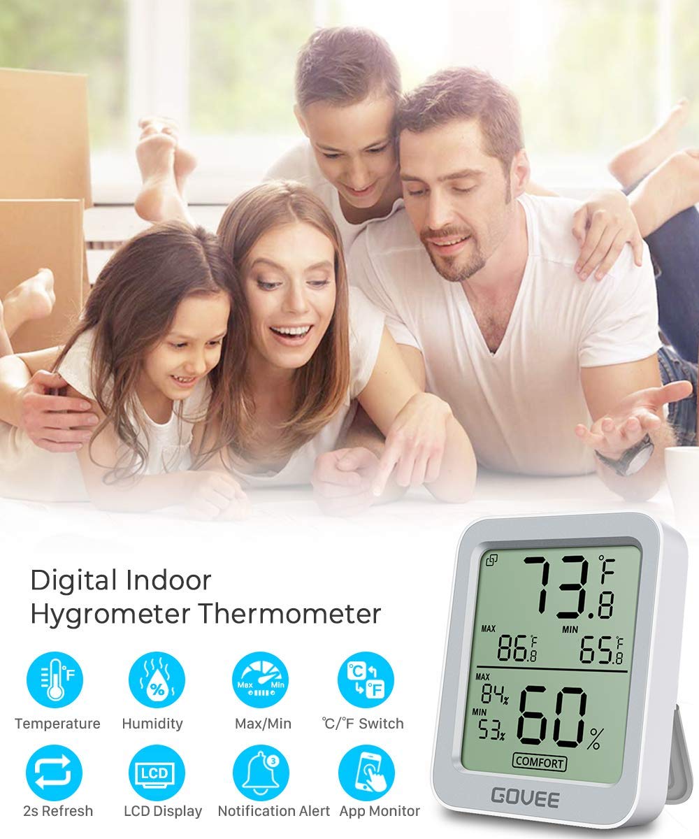 Govee Bluetooth Hygrometer Thermometer, Wireless Thermometer, Mini Humidity Sensor with Notification Alert, Data Storage and Export, 262 Feet