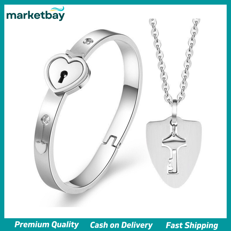 Stainless Steel Couple Heart Love Love Lock Key Lock Key Bracelet Kit  Jewelry Set