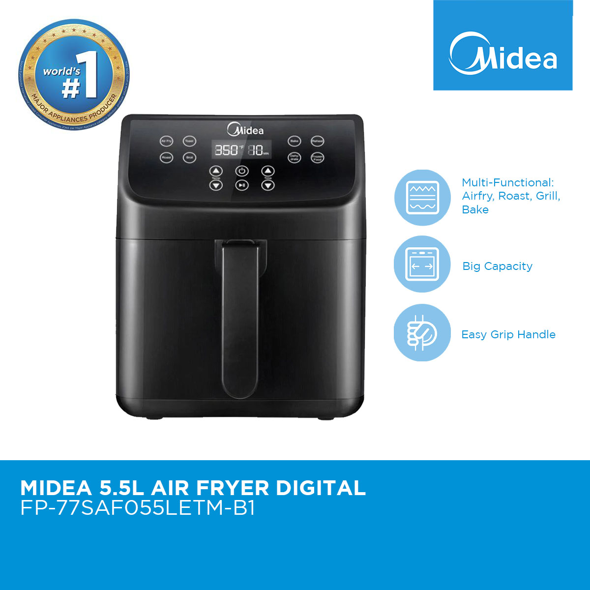 Midea 5.5L Digital Air Fryer with 8 Preset Functions and Rapid Air  Technology