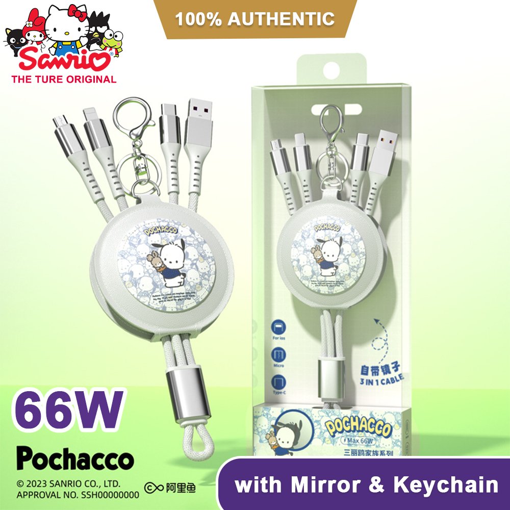(66W)100% Authentic Sanrio Accessories 3 in 1 Charging Cable with Mirror & Keychain Kuromi USB Cable Type C Lightning Cable Retractable Micro USB Cable Fast Charging for iOS and Android Smartphone Birthday Gift Cinnamoroll AQ7