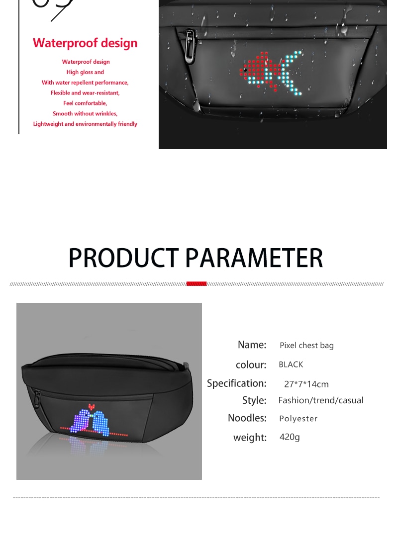 Ba Lô LED Matrix Pixel Túi Đeo Ngực Cho Cả Nam Và Nữ Túi Đeo Vai Chức Năng Túi Đưa Thư Hợp Thời Trang Với Màn Hình Hiển Thị LED Ứng Dụng Túi Đeo Hông Có Màn Hình LED Bluetooth
