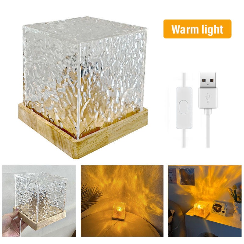 LED Rotating Water Ripple Night Light USB Square Acrylic Desk Lamp