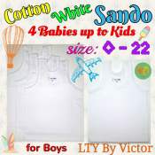 3PCS Sando 100% Cotton Plain White Jewel For Babies UP TO Kids