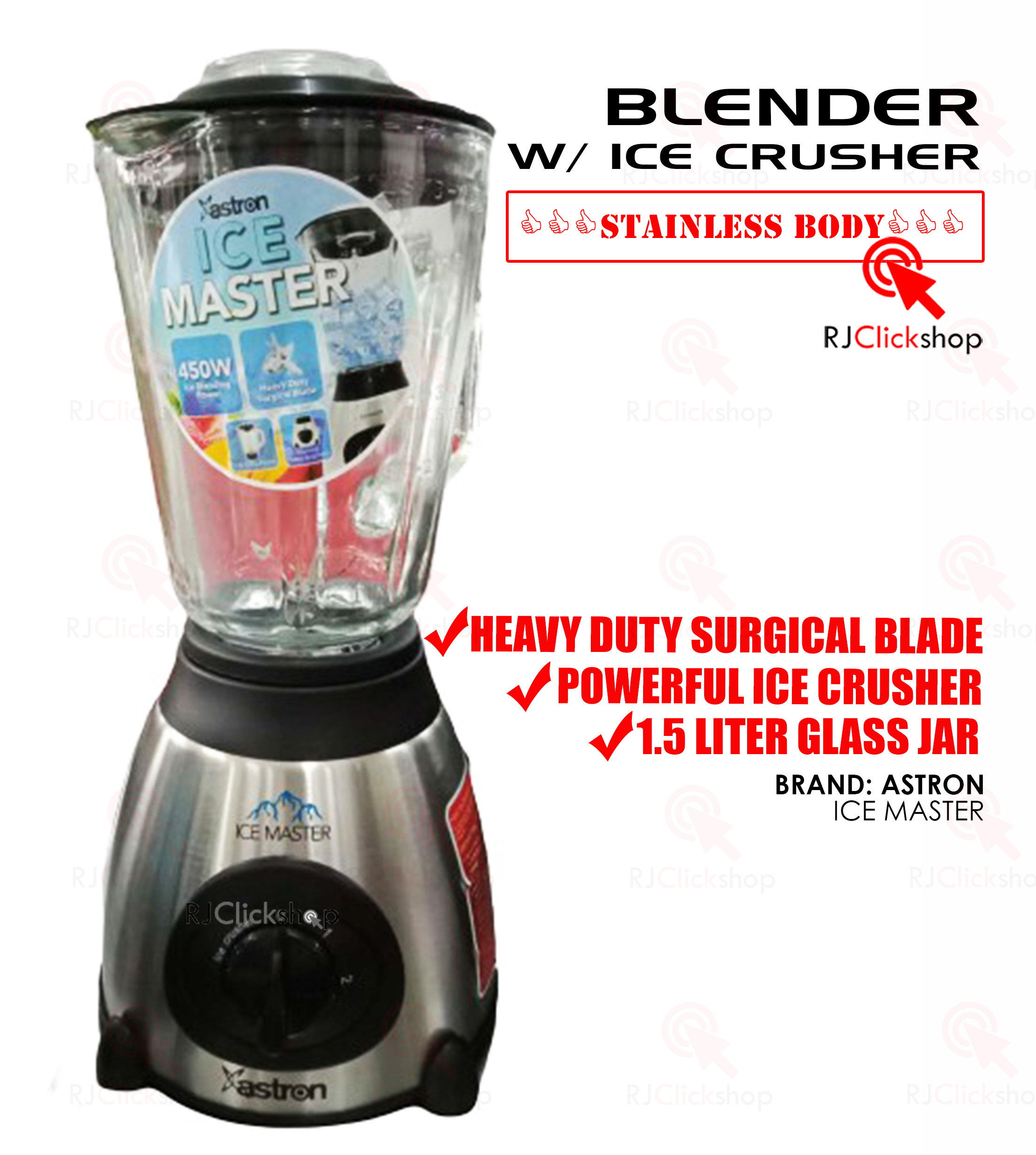 BLENDER WITH ICE CRUSHER 1.5L GLASS JAR STAINLESS STEEL BODY ASTRON ICE