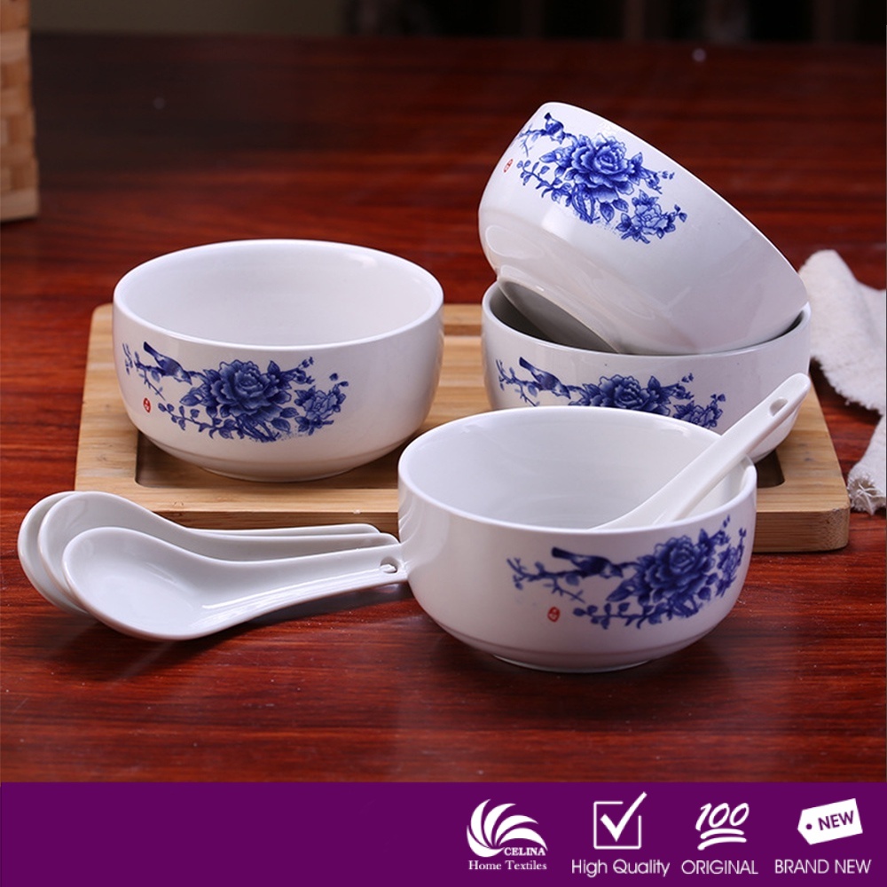4.5inch Chinese Ceramic Rice Bowls 10 oz for Cereal Soup Salad Pasta set of 10 Porcelain Fine Bone China Jingdezhen Blue Bowl 