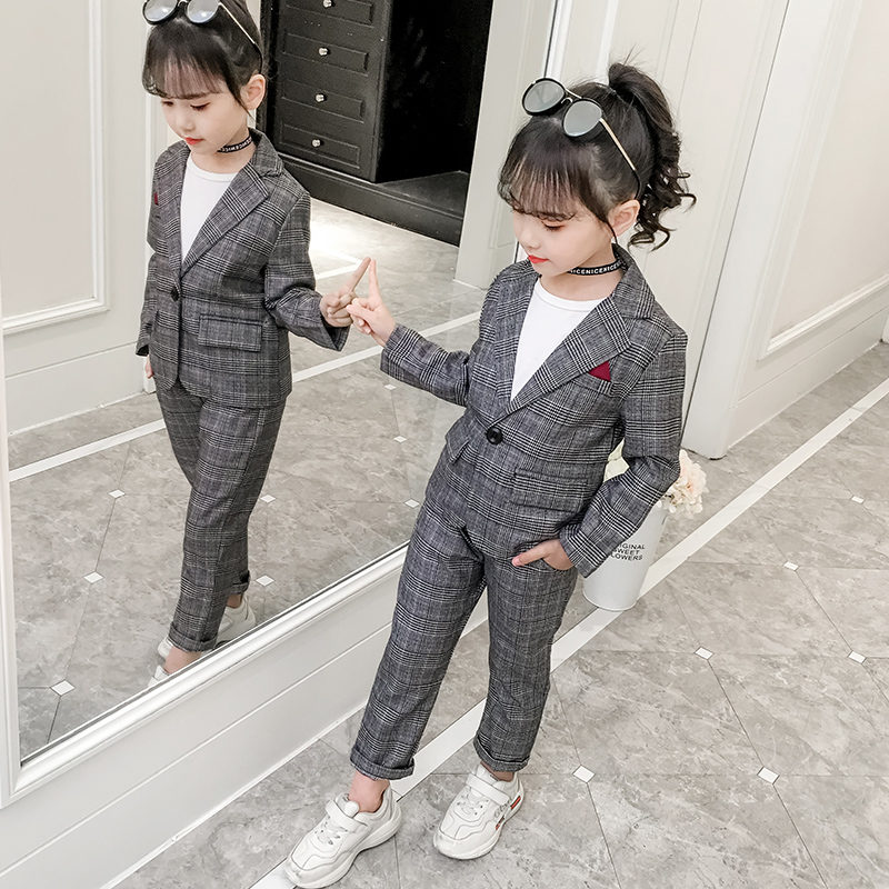 Fashion Wedding Kids Suit for Girls Formal Pant Suits for Teenagers 2PCS  Blazer Set Brand Plaid Children Blazer 4 5 7 9 11 13T