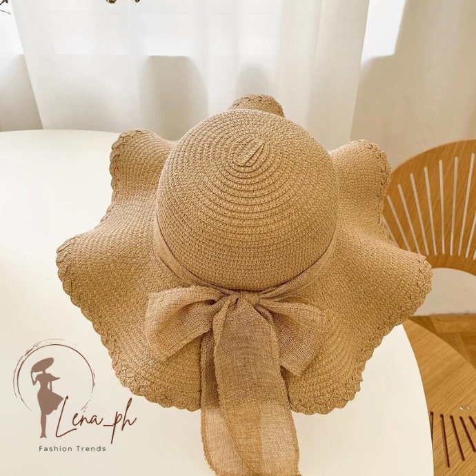 Gingham Bow Scalloped Straw Hat main image 1