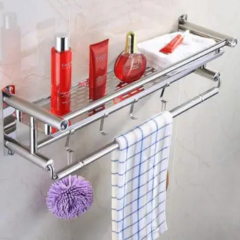 40cm Bathroom Shower Wall Mounted Space Stainless Steel Towel Storage Hanger Shelf Holder Stand Rack With Hooks Bathroom Accessories Organizer Lazada Ph