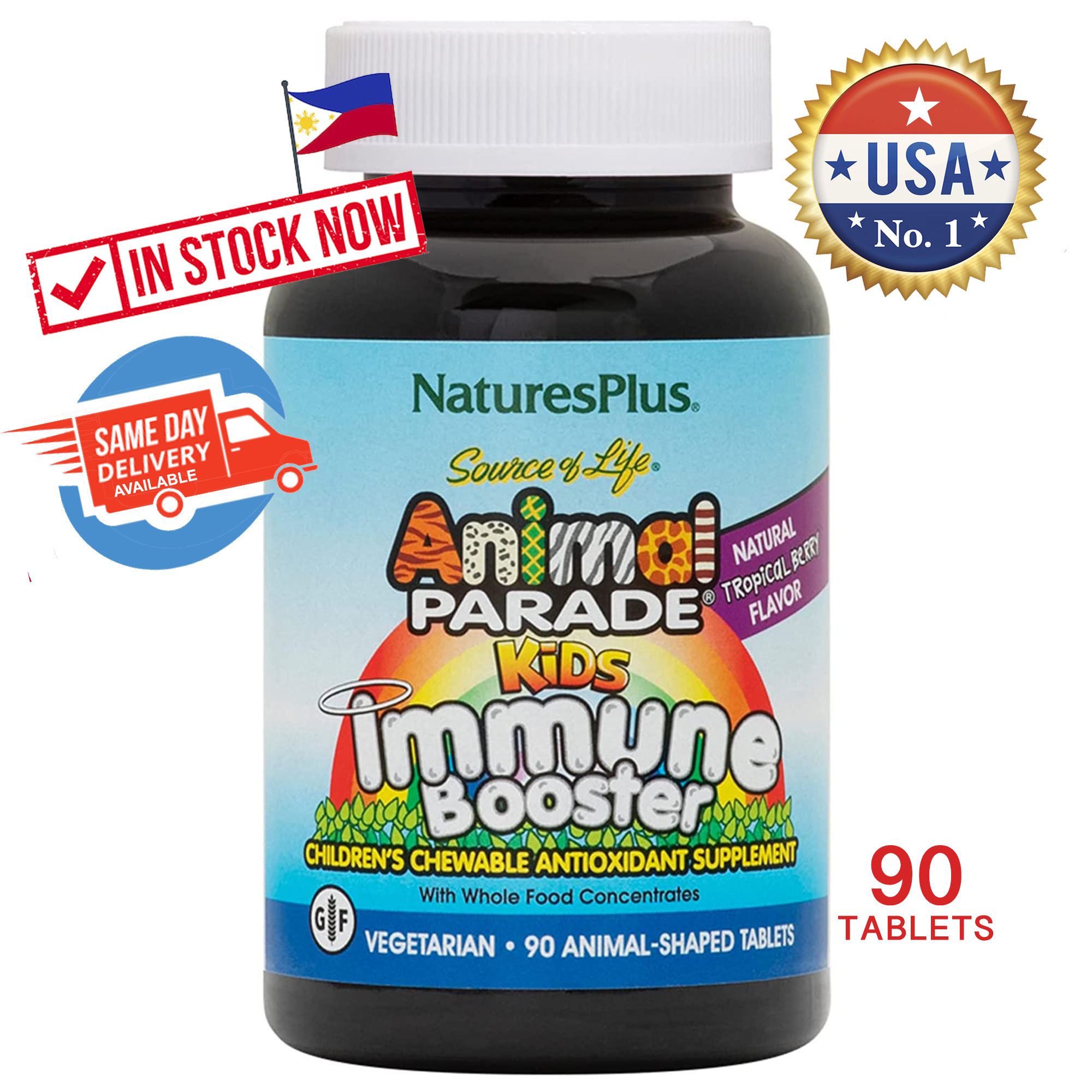 NaturesPlus Animal Parade Source of Life Kids Immune Booster Multivitamins  Chewables - Tropical Berry Flavor - 90 Animal Shaped Tablets - Gluten-Free  Kids Immunity Support Vitamin C Zinc Probiotics Grape Seed Supplements
