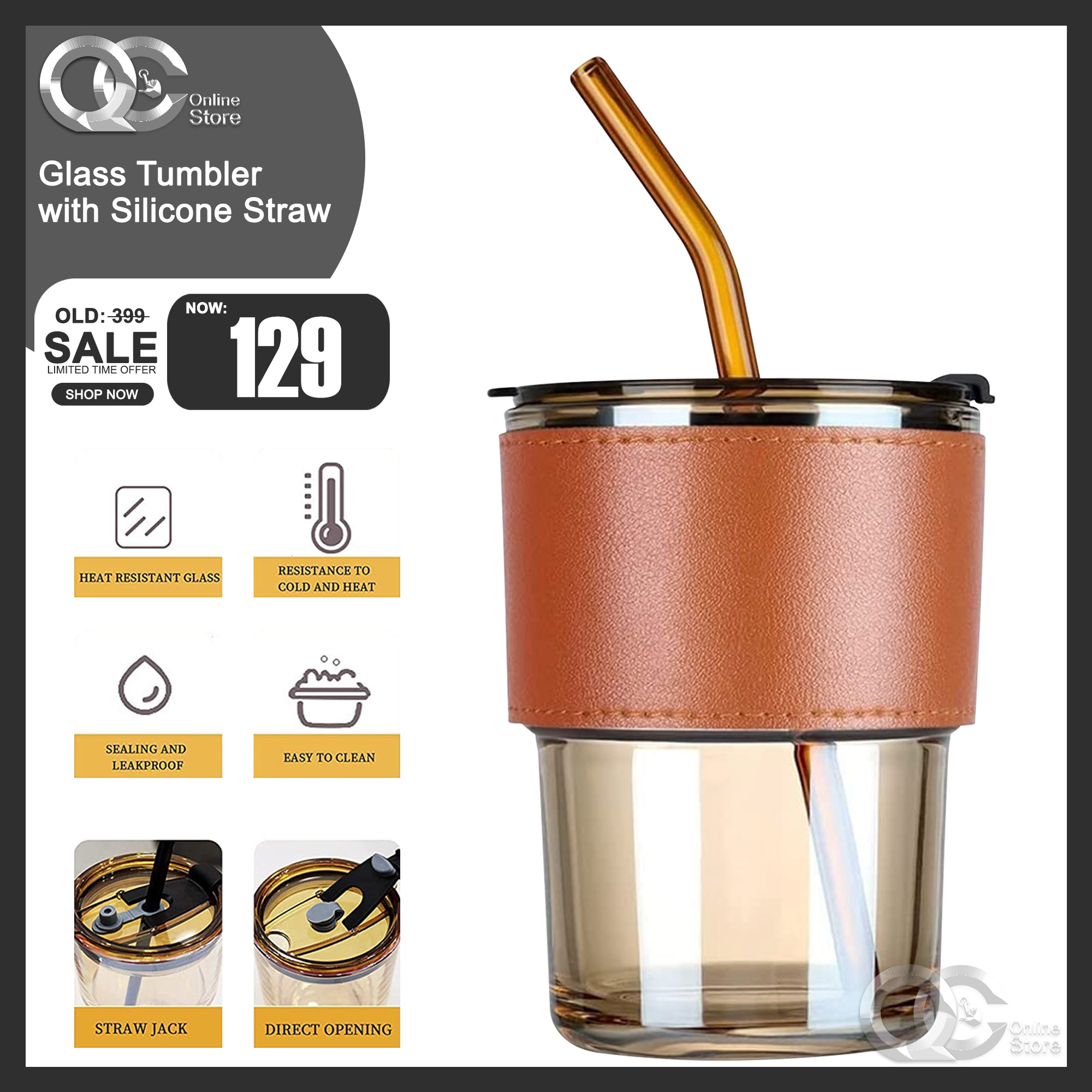 Glass Tumbler Mug with Lid, Straw and Protective AntiSkid Leather