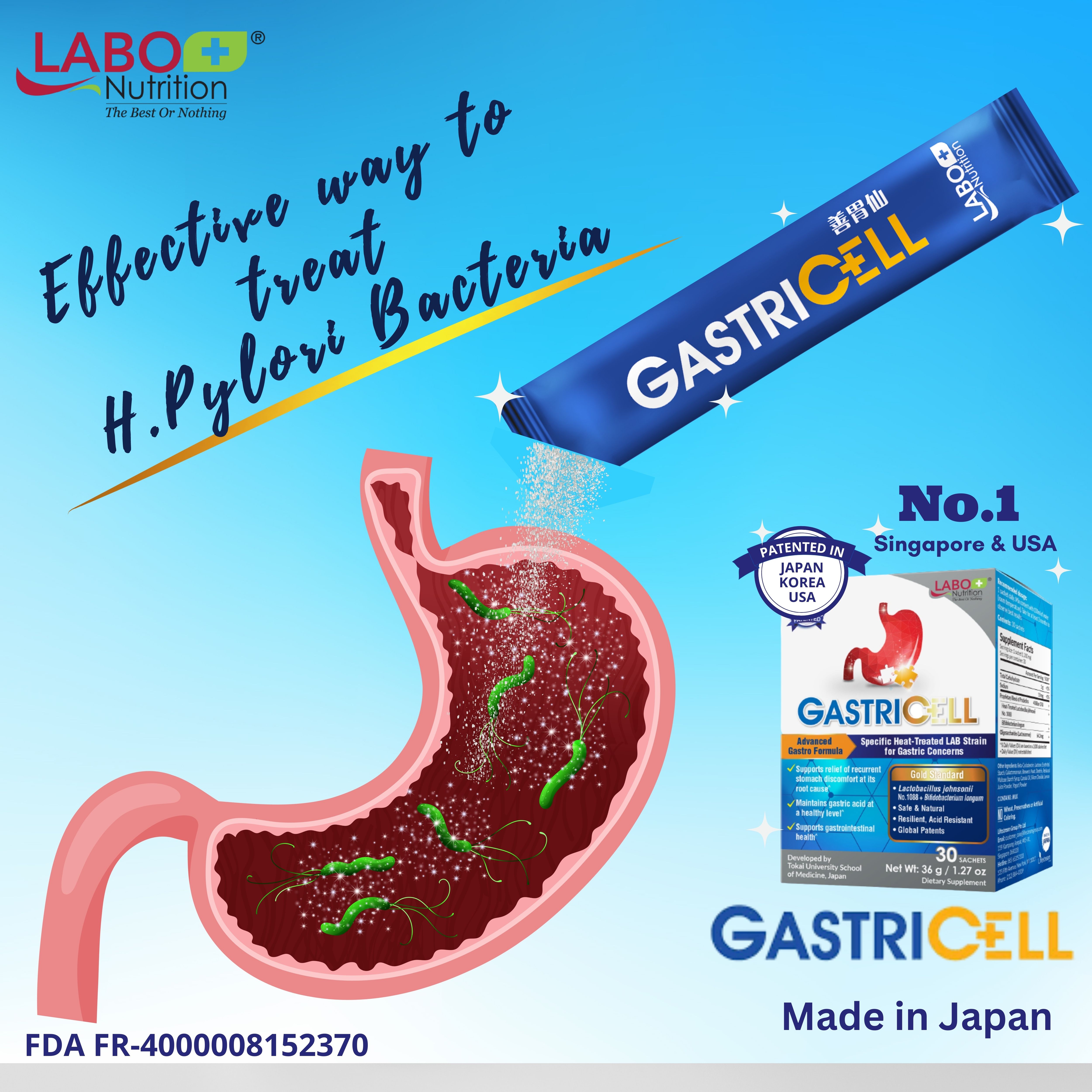 Labo Nutrition Gastricell Powder 30 sachets, effective for Gerd, Acid