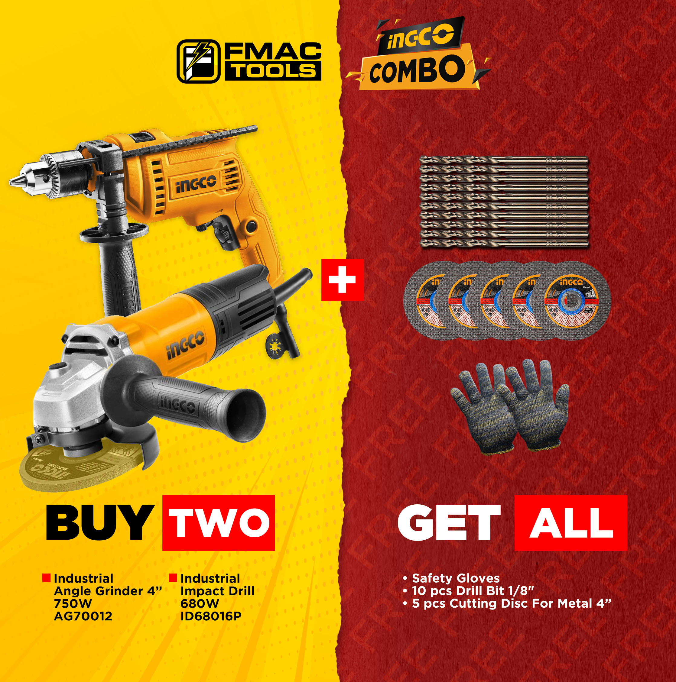 INGCO COMBO Industrial Angle Grinder 750W AG70012 + Impact Drill 680W