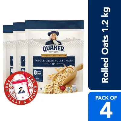 Quaker Rolled Oats 1.2kg (Pack of 4 + FREE Glass & Spoon Set)