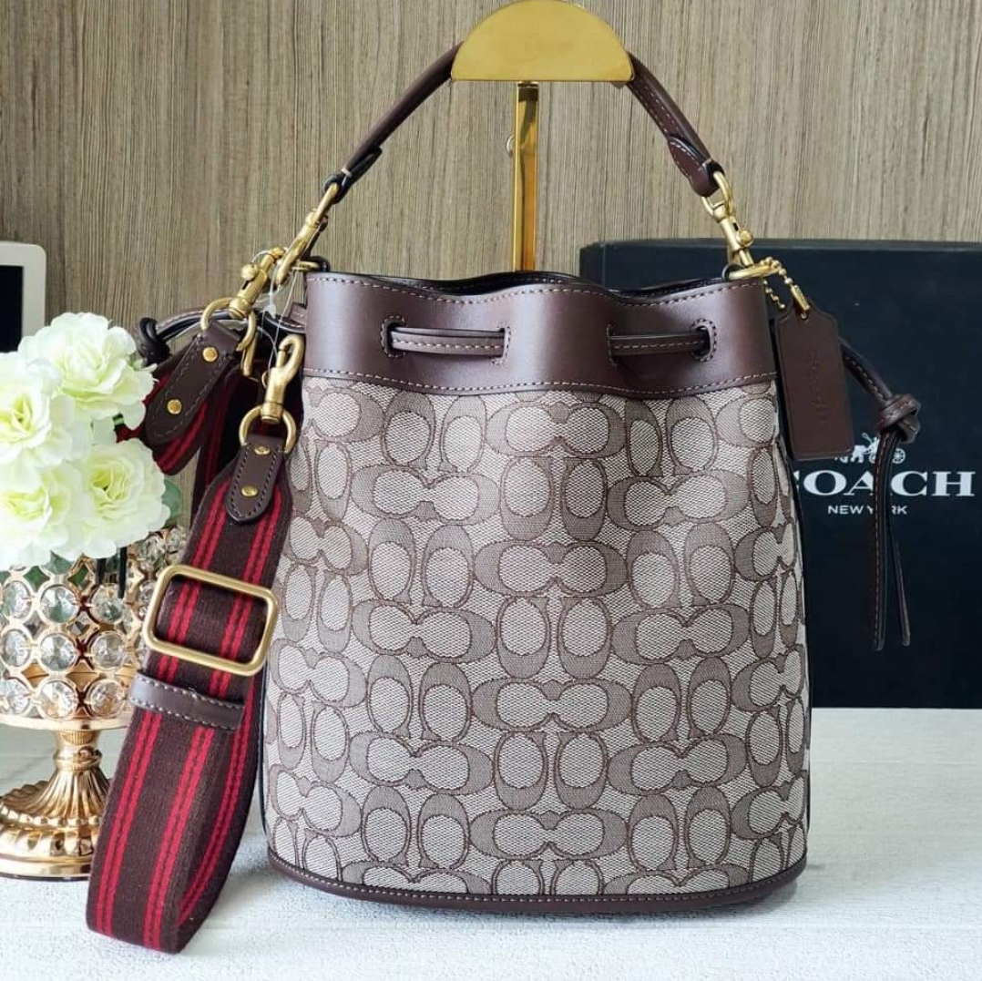 Original Coach C3853 Field Bucket Bag In Signature Jacquard Brown