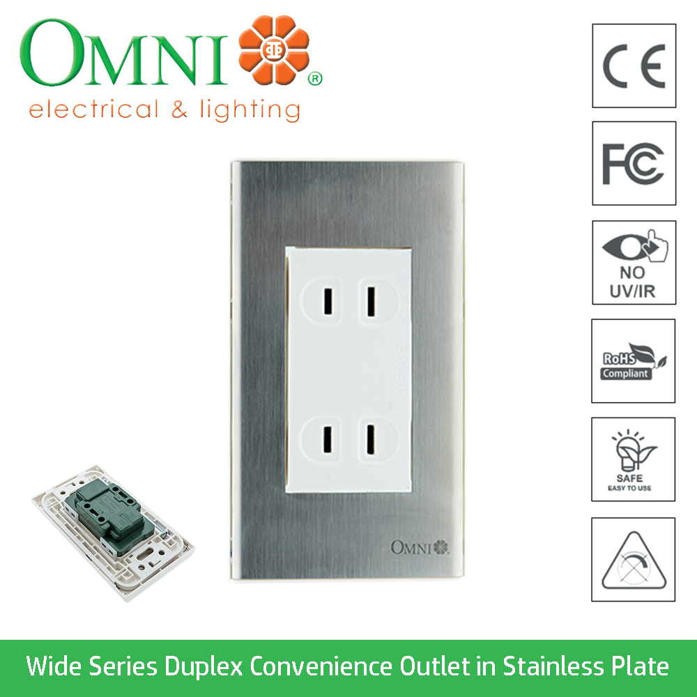OMNI WS Wide Series Duplex Convenience Outlet in Stainless Plate Model
