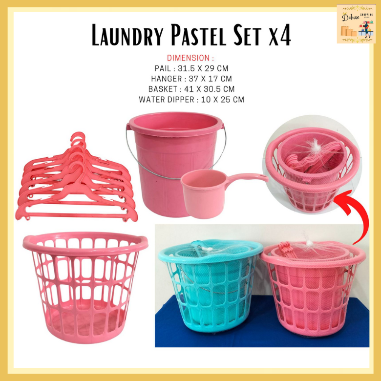 LAUNDRY PASTEL SET 4/ LAUNDRY BASKET/ WATER DIPPER/ PAIL/ HANGER/ 4 IN