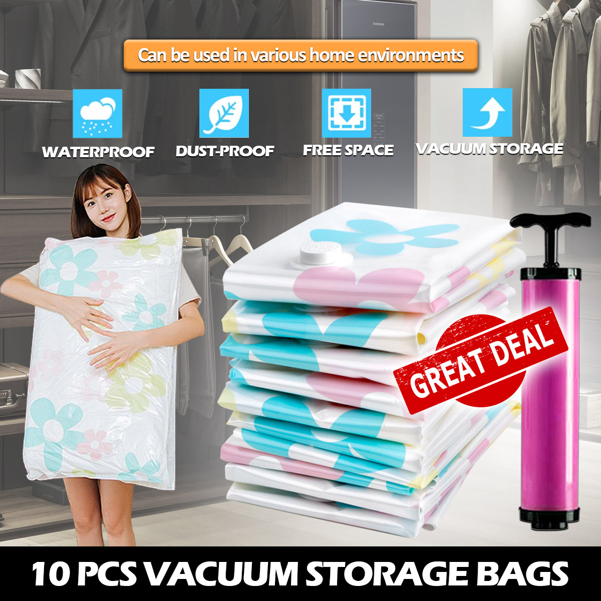 Coats Vacuum Storage Bags 10 Pcs 2 Large 1 Extra Large Save 80% Storage Space for Clothing 3 Medium+4 Small Duvets Blankets Free Hand Pump Provided Bedding 