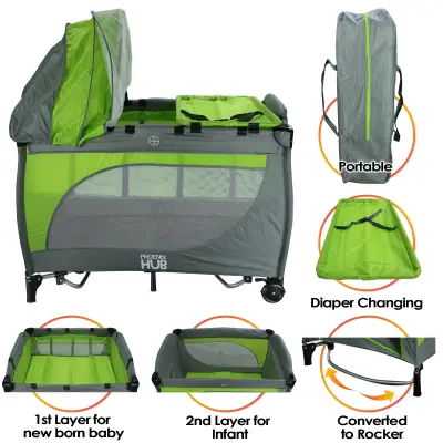 PH EB-8070 Infant Baby Crib Convertible to Rocker and Playpen Crib with Mosquito Net and Diaper Changing Table