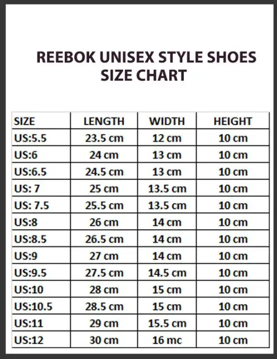 reebok shoes sizing