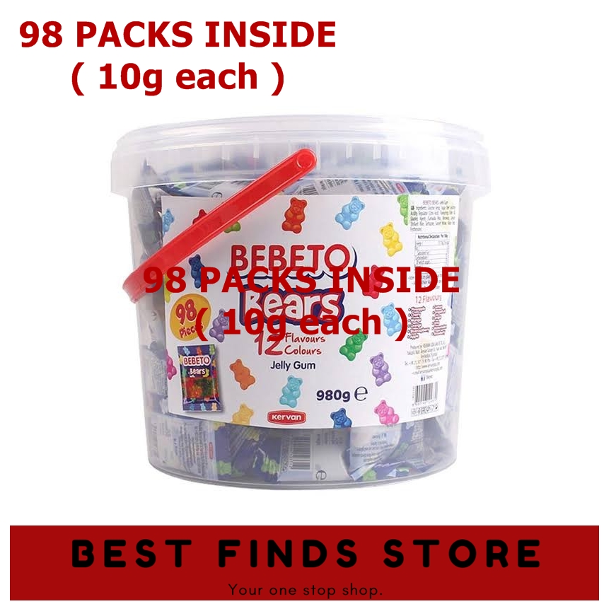 BEBETO Mini Gummy Bears Jelly in Bucket 980 grams 98 pouches x 10g