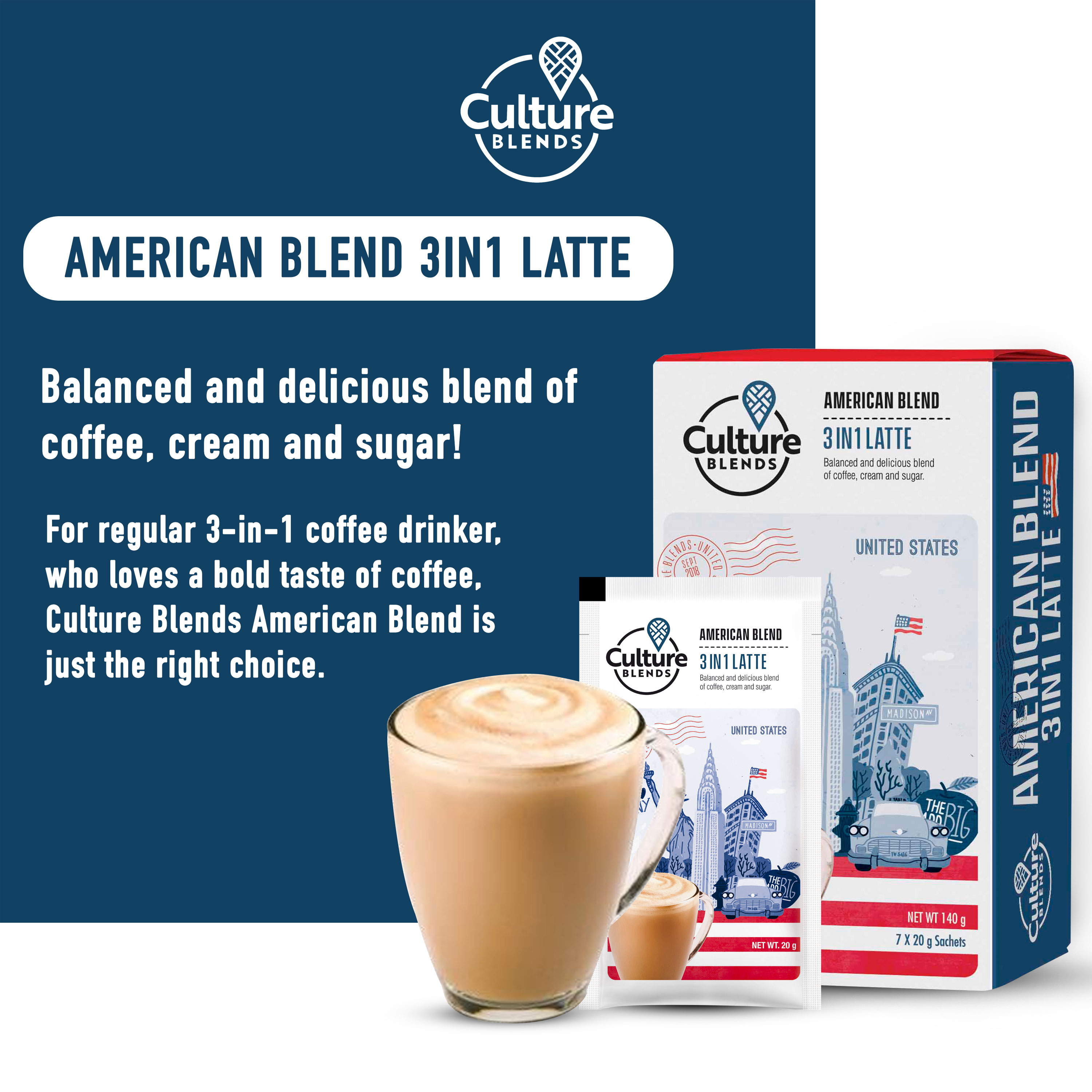CULTURE BLENDS American Blend 3 in 1 Latte 30 x 20g sachet – Federated  Distributors, Inc.