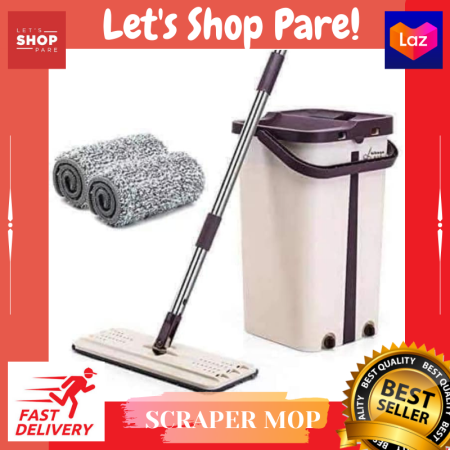 Pare's Scratch Mop Flat Squeeze Mop and Bucket Set with Microfiber Pads for Kitchen, Bathroom, Home - Self Wringing Mop System Includes Reusable Washable Microfiber Pads Perfect For Hardwood Floor, Tile, Dust, Pet Hair