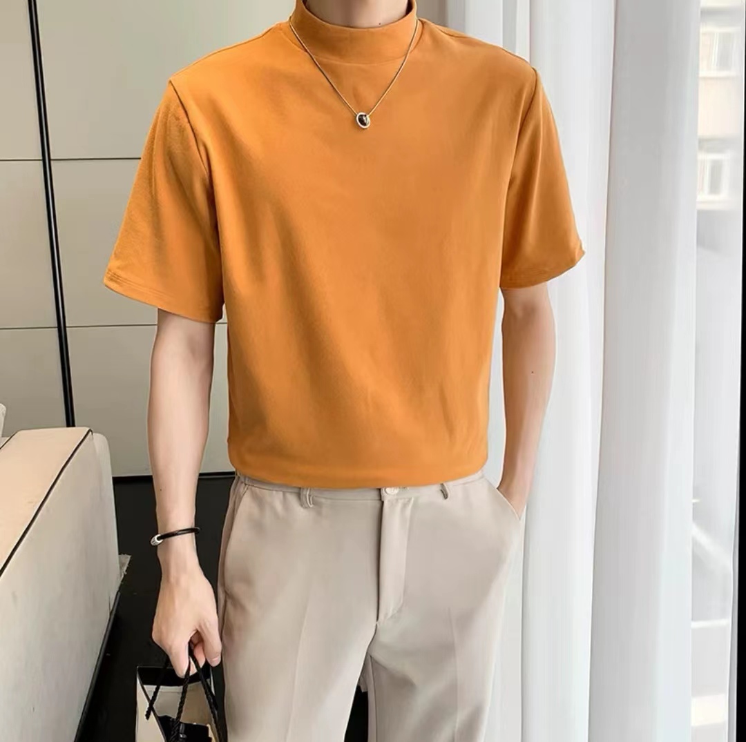 HUILISHI small stand-up collar Plain T-shirt Korean style men's cotton ...