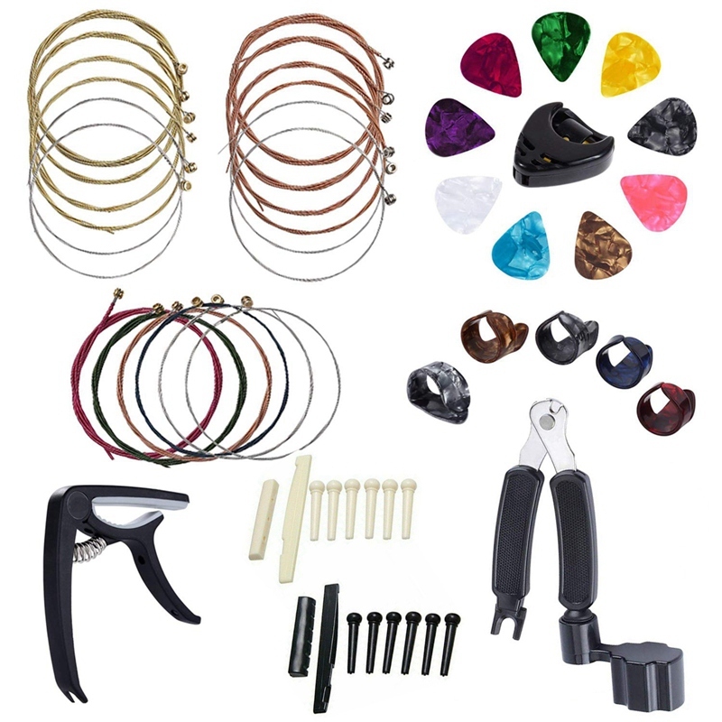 34 PCS Guitar Accessories Kit Including Guitar Picks,Capo,Acoustic Guitar Strings,3 in 1String Winder,Bridge Pins,6 String Bone Bridge Saddle and Nut,Finger Picks