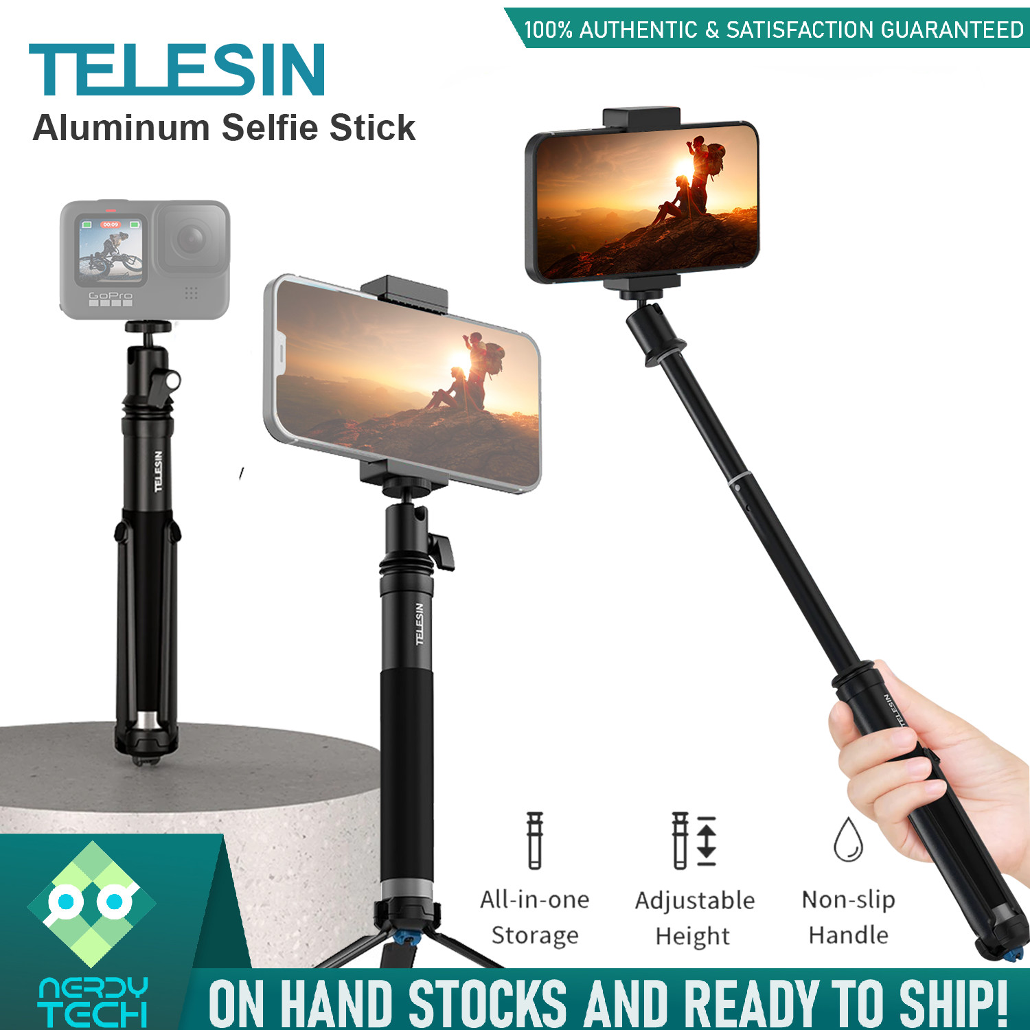 Not included Tripod TELESIN 0.9m Selfie Sticks Aluminum alloy with 360 Roation Ball Head for Gopro Max Hero 9 8 7 6 5 Action Cameras Smartphones DSLR,with Phone Holder and Adapter