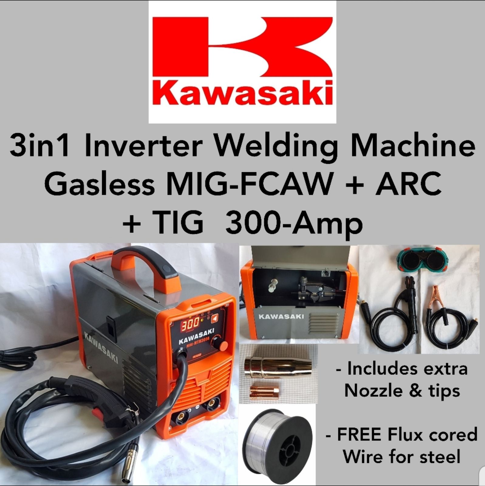 Kawasaki 3in1 Inverter Welding Machine Gasless Mig Fcaw Arc Tig 300