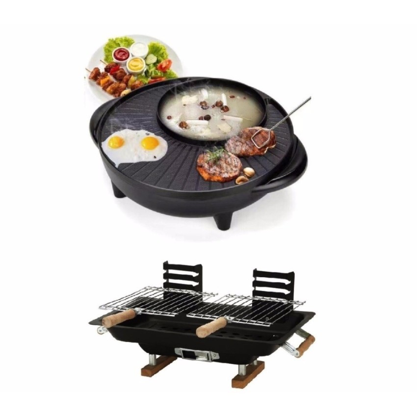 ASIANMART Korean Style 2 in 1 Multifunctional Electric BBQ Raclette Hotpot With Grill Pan with