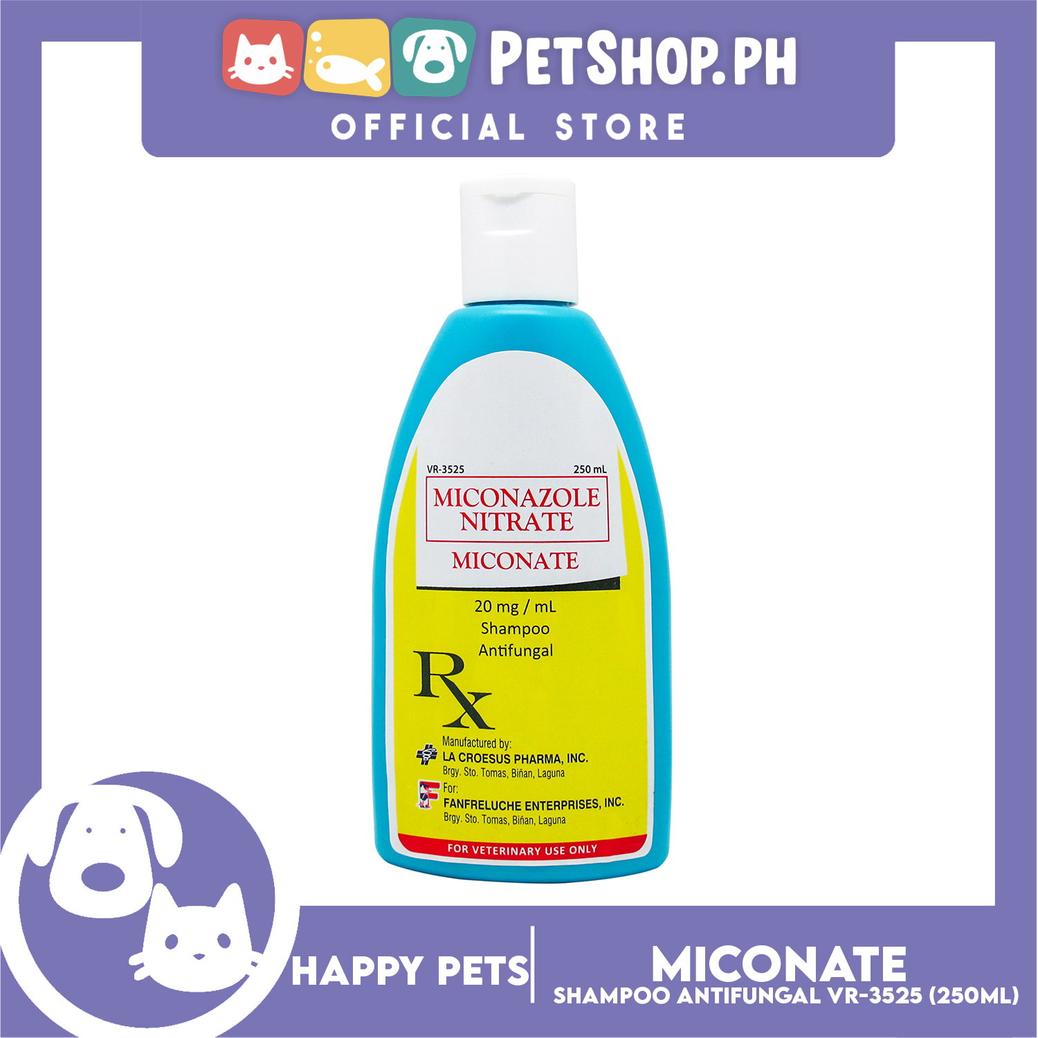 Happy Pets Miconazole Nitrate Miconate 250ml Antifungal Shampoo for