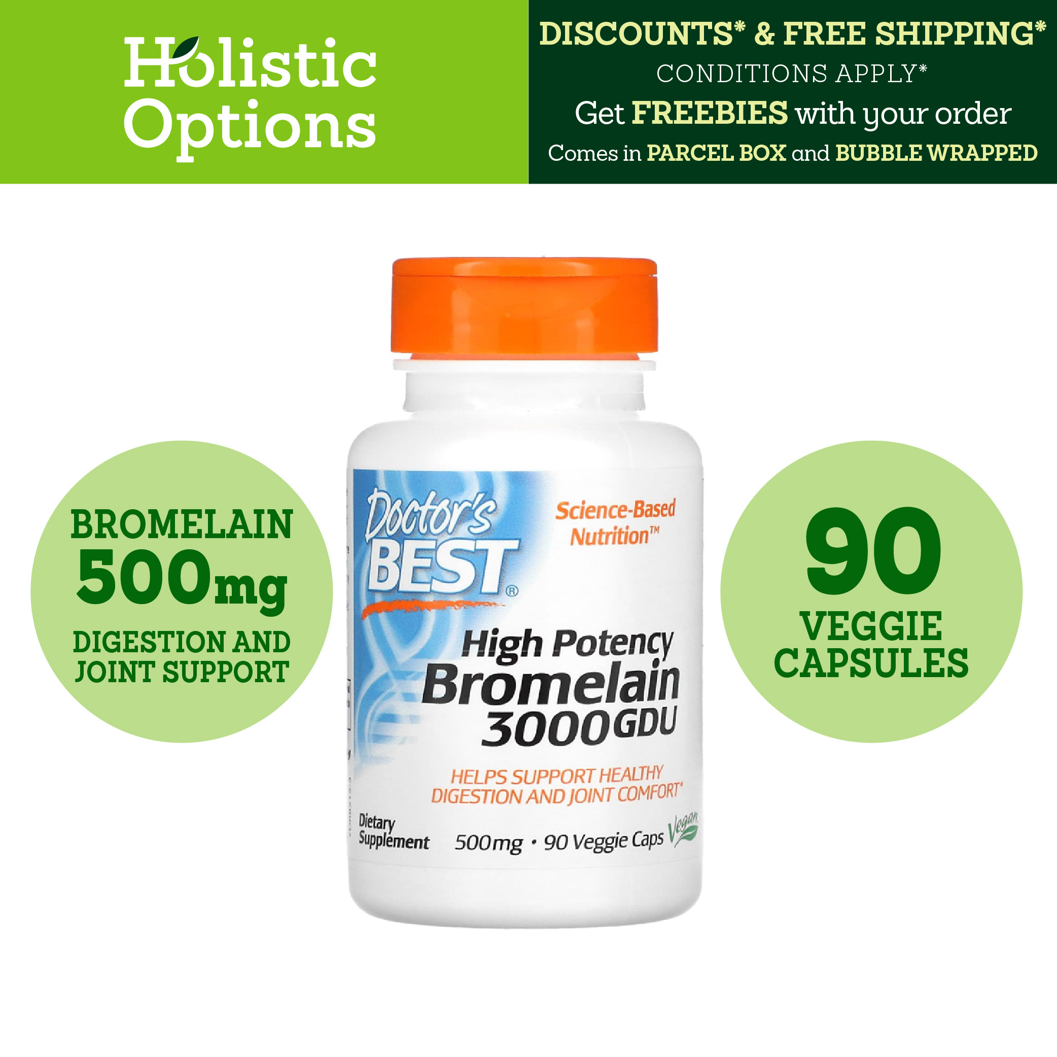 [Authentic] High Potency Bromelain 3000 GDU, 500 mg, 90 Veggie Caps