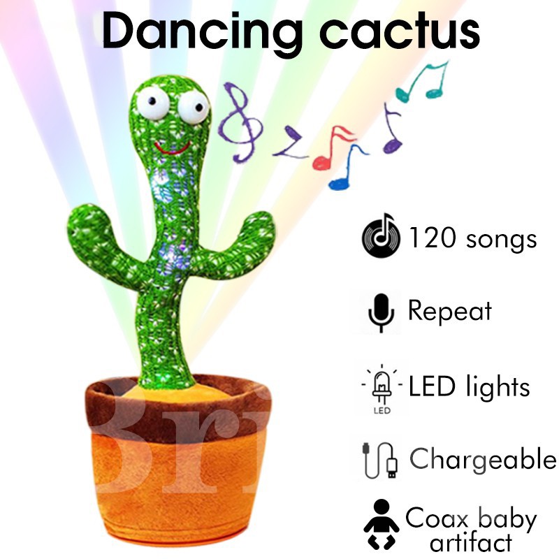 Baby Toys Funny with 120 English Songs and Recording Function Singing Cactus Toy with LED Electronic Plush Toy with Lighting Dancing Cactus Repeats What You Say USB charging 