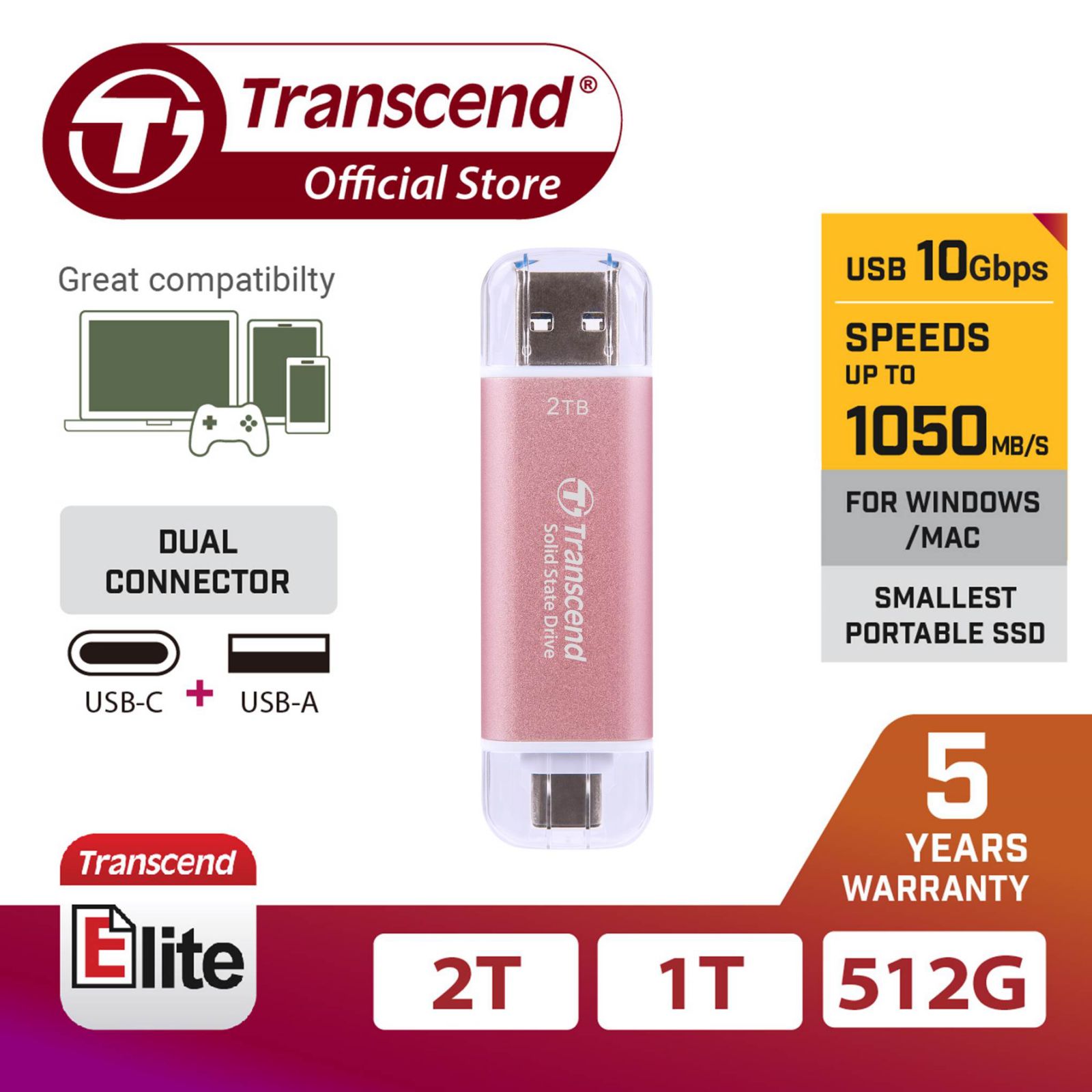 Transcend ESD310P SSD externe 10 Gbit/s USB-C/A 512 Go