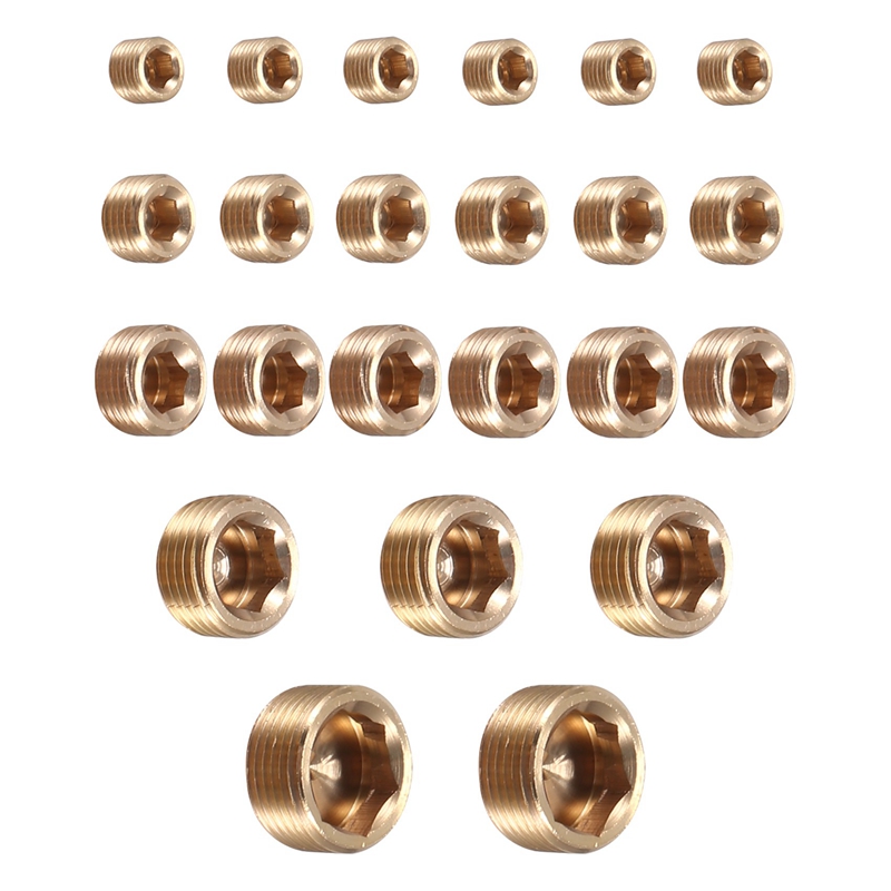 23pcs brass pipe fitting,1/8 inch 1/4 inch 3/8 inch 1/2 inch 3/4 inch npt brass internal hex thread socket pipe plug set