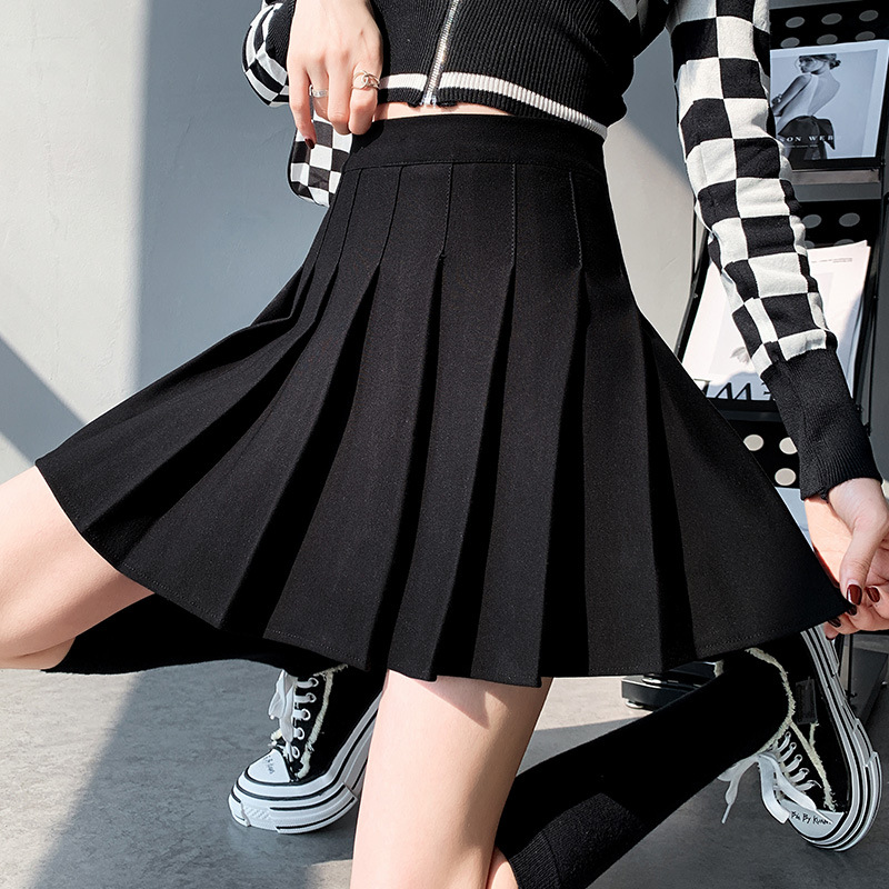 pleated skirt high waist A-line college style short skirt black