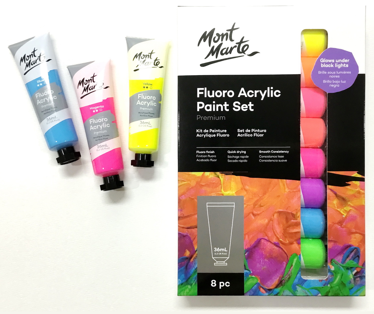 Mont Marte Fluoro Acrylic Paint Set, 8 Colors, 36 ml Each - Fluorescent  Acrylic Paint Kit