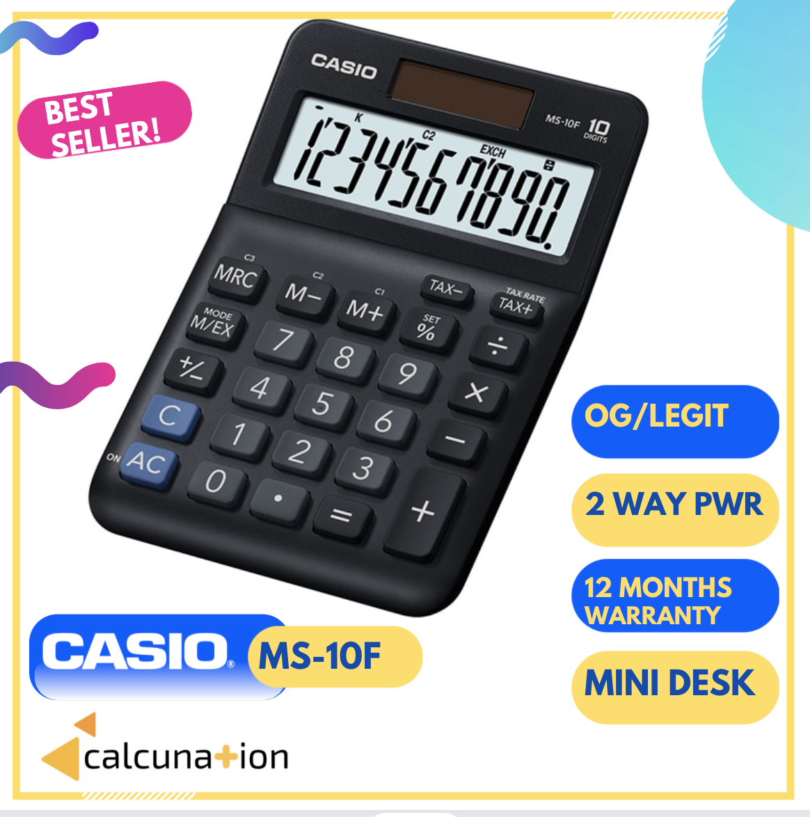 Calculatrice De Bureau Casio MS-10F - Double Alimentation Solaire Et Pile, écran LCD 10 Chiffres