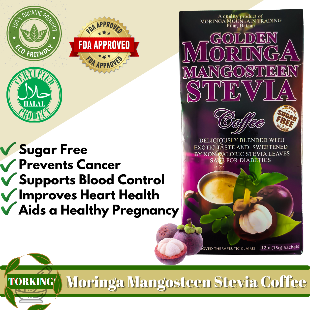 [Torkings] Golden Moringa Mangosteen Stevia Coffee ( Sugar Free ) Non