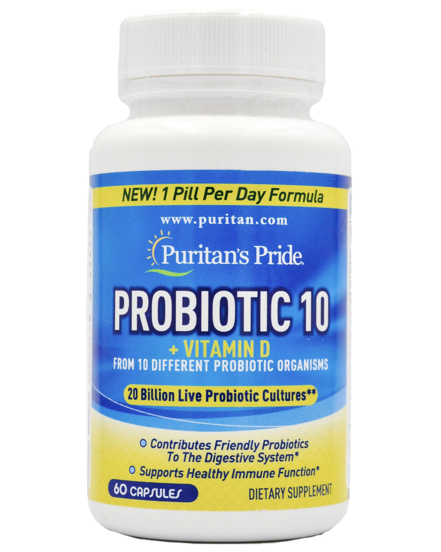 Puritan's Pride Probiotic 10 strains 20 Billion CFU w/ Vitamin D (60 ...