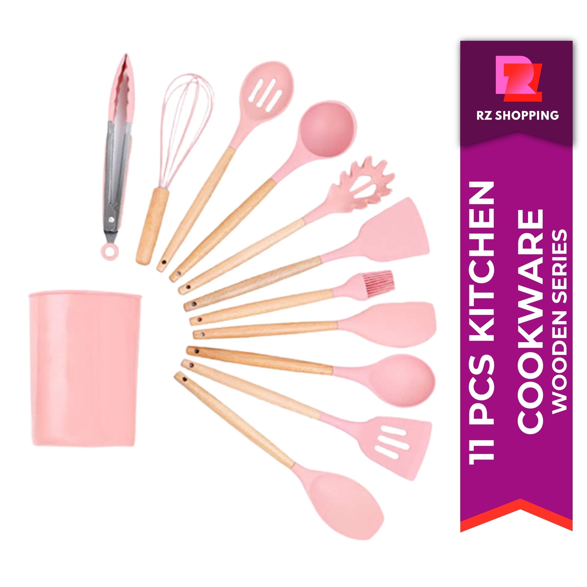 RZSilicone Kitchen Utensil Cookware Set of 11 Wooden Series Silicone